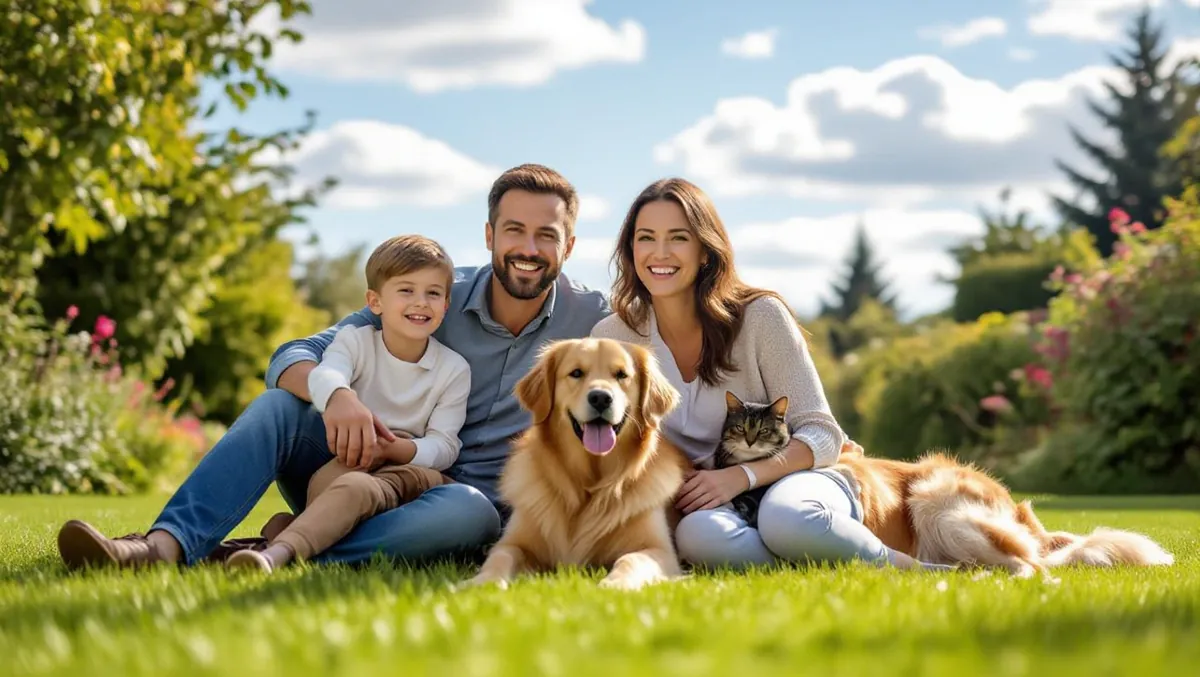 Famille heureuse avec chien et chat