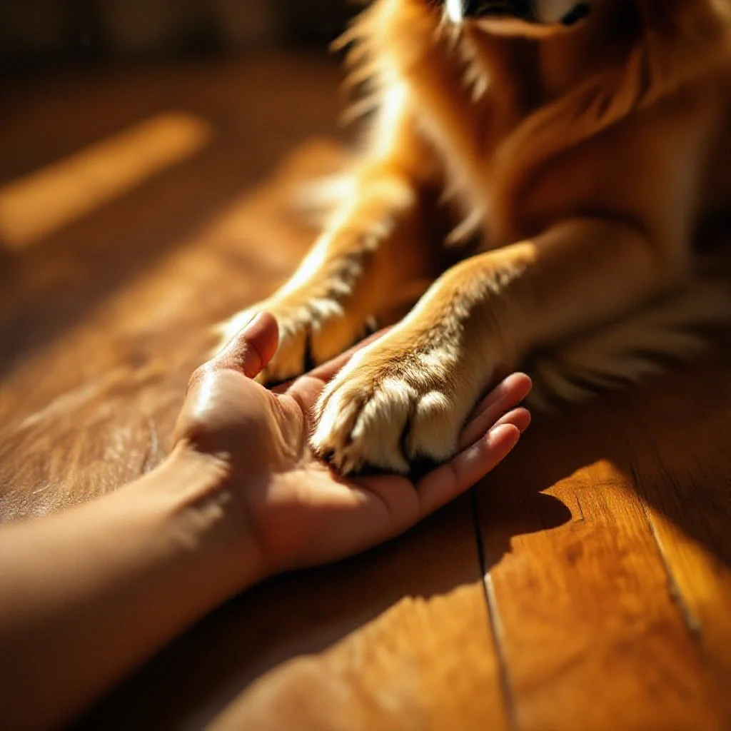 Main humaine et patte de chien