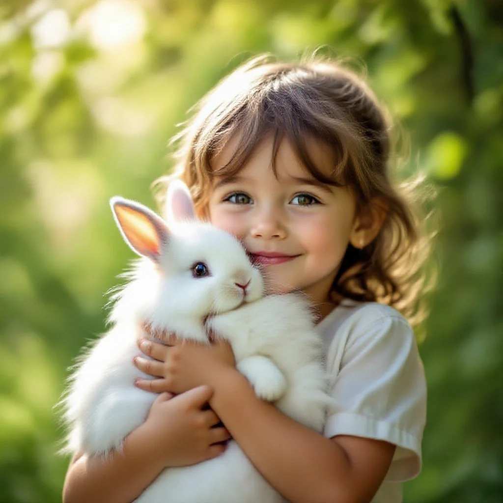 Enfant caressant un lapin avec tendresse