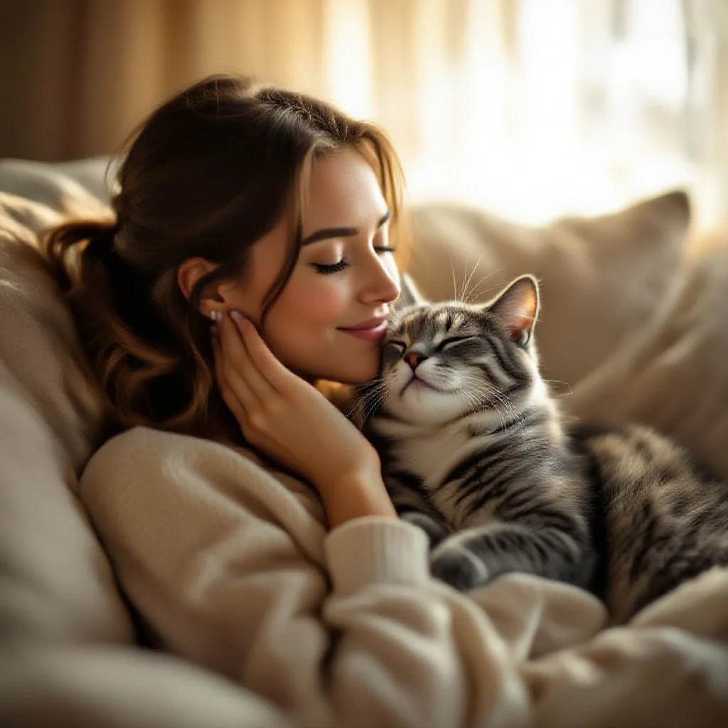 Femme caressant doucement son chat