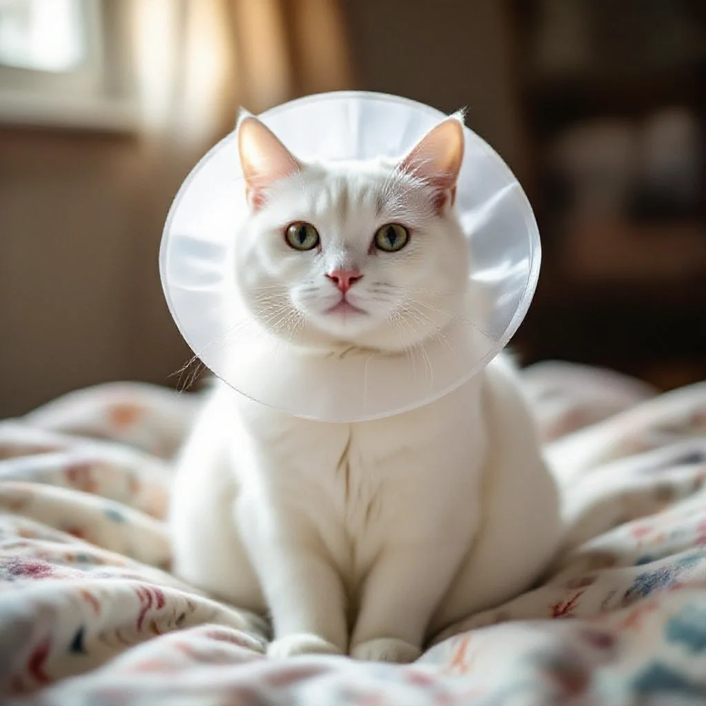 Chat avec collerette de protection