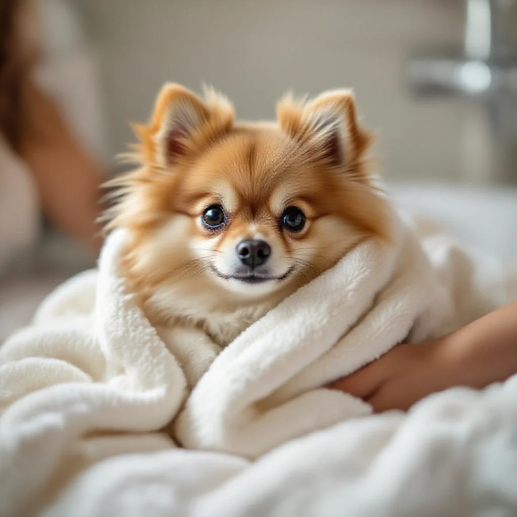 Chien enveloppé dans une serviette