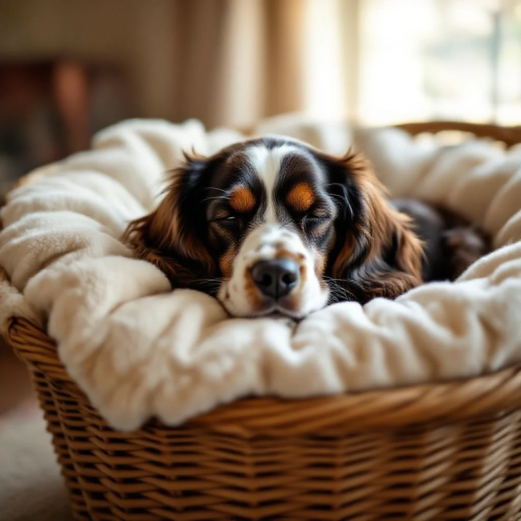 Un chien âgé dans un panier confortable